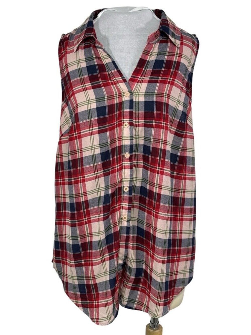 Xhilaration Sleeveless Plaid Button-Down Shirt With Lace Back XL 100% Polyester